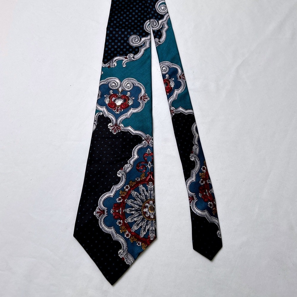 Arrow Mens Vintage Baroque Polka Dot Silk Necktie 57" Long Teal Navy Burgundy - Picture 1 of 6
